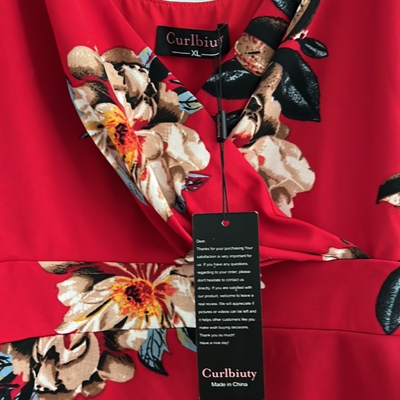 Curlbiuty Red Floral Bodycon Ruched Surplice Neck Knee Length Stretch Dress - Picture 7 of 7